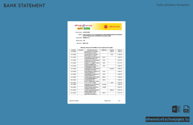 Beispiel eines Kontoauszugs der Union Bank of India (Word-Vorschau)